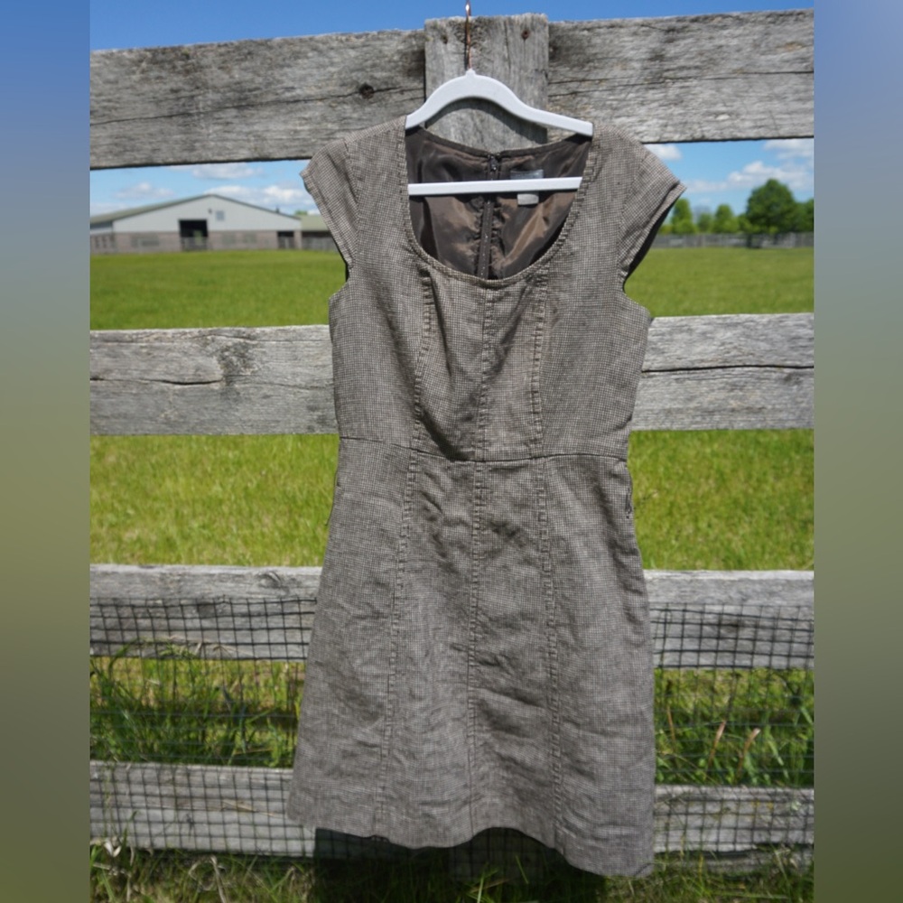 Ann Taylor Women Linen Cotton Blend Dress Brown & Cream Short Cap Sleeve Size 6P